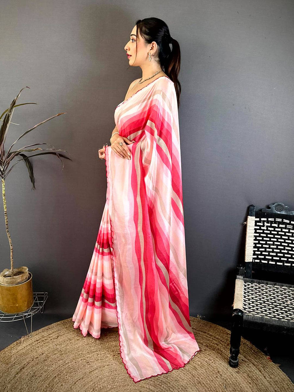 Vibrant Soft Chiffon Striped Cutwork Saree