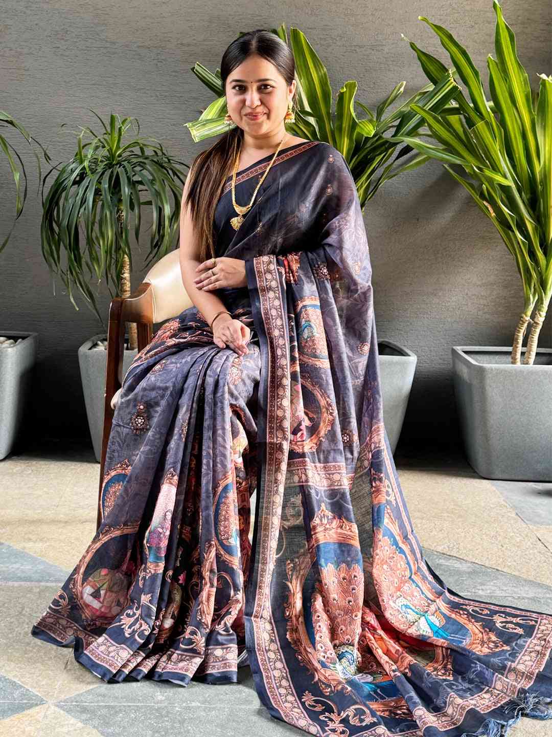 Blue Linen Saree With Digital Print & Majestic Border