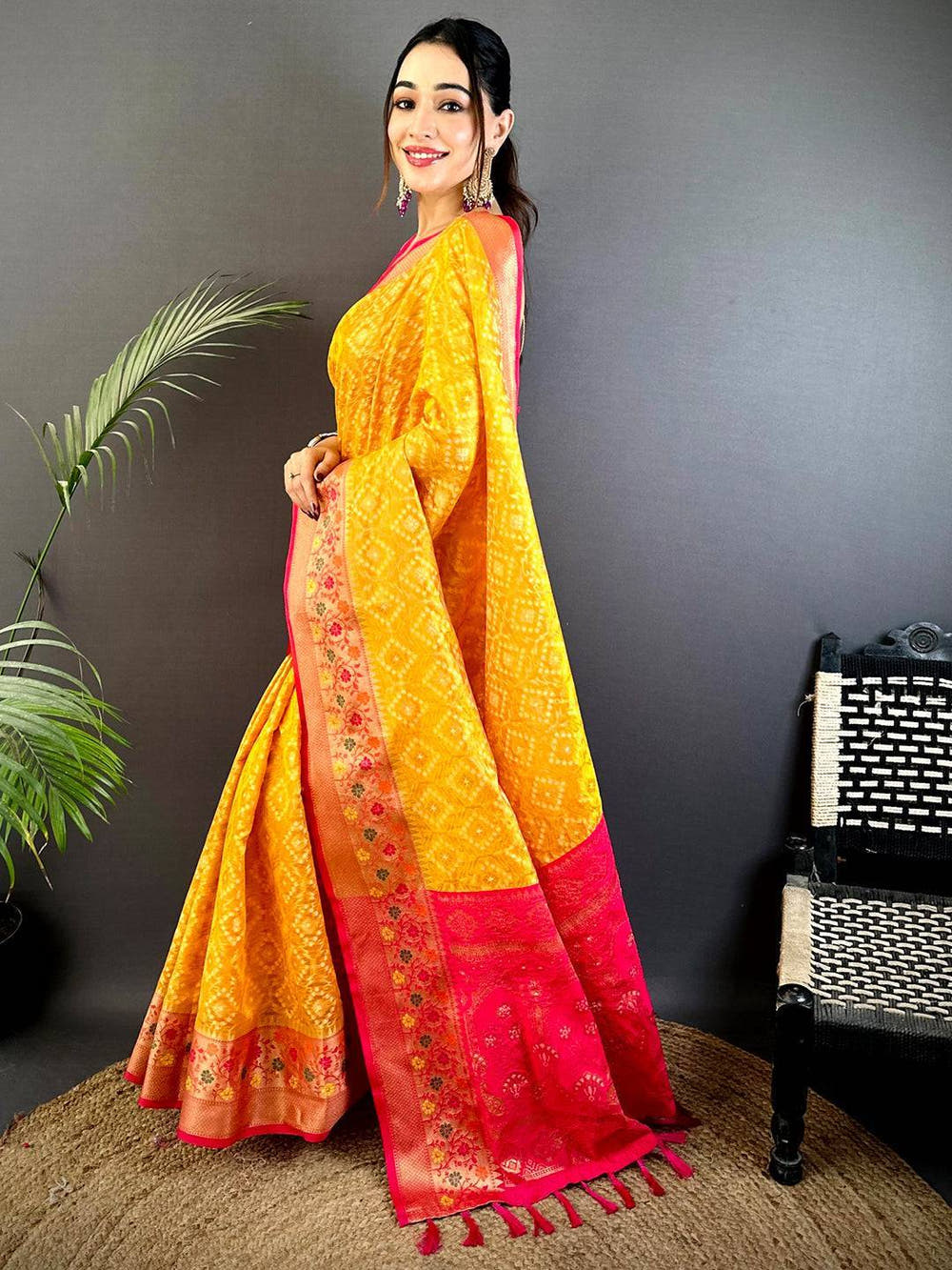Yellow Banarasi Minakari Katan Silk Saree