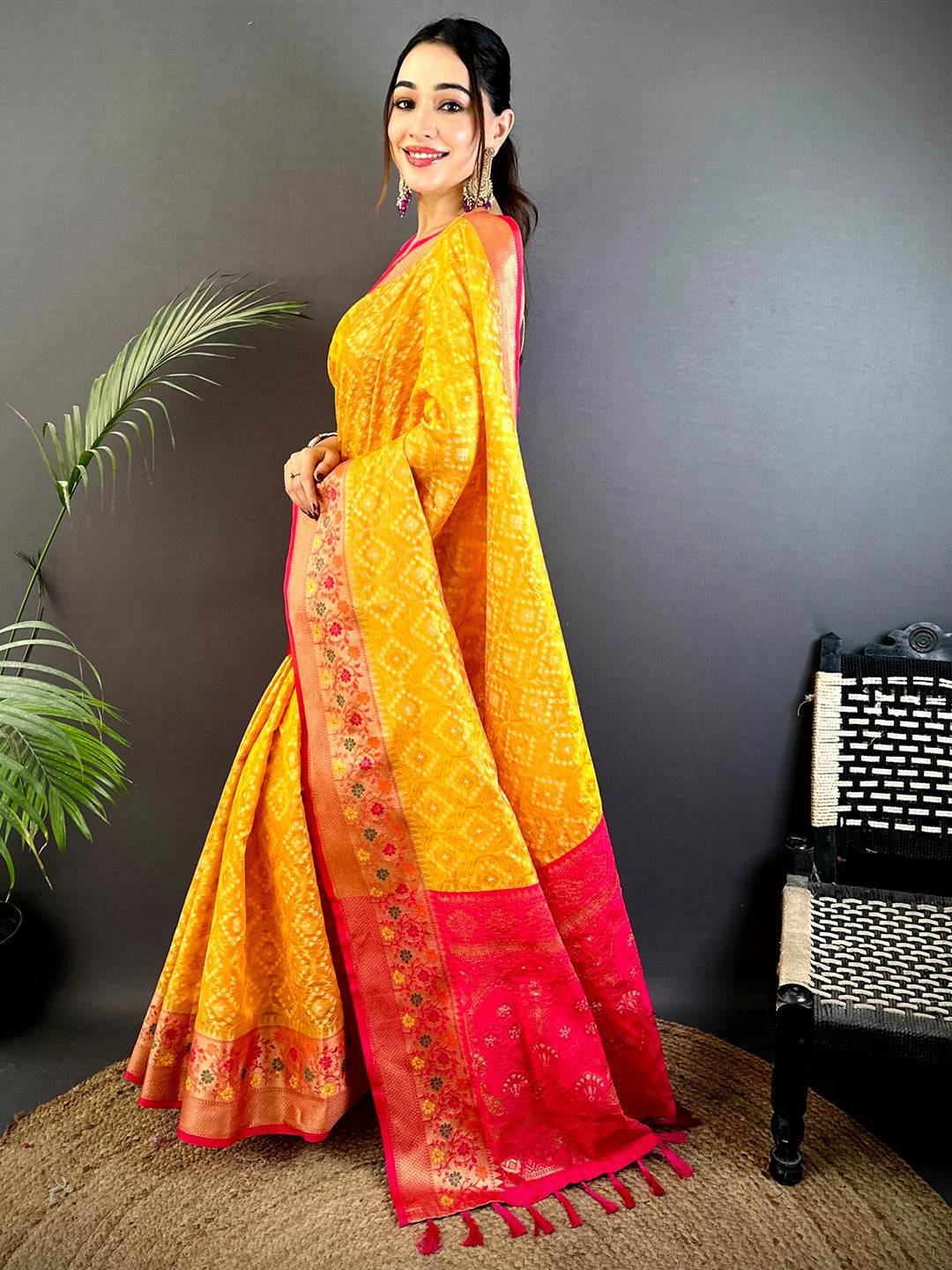 Yellow Banarasi Minakari Katan Silk Saree