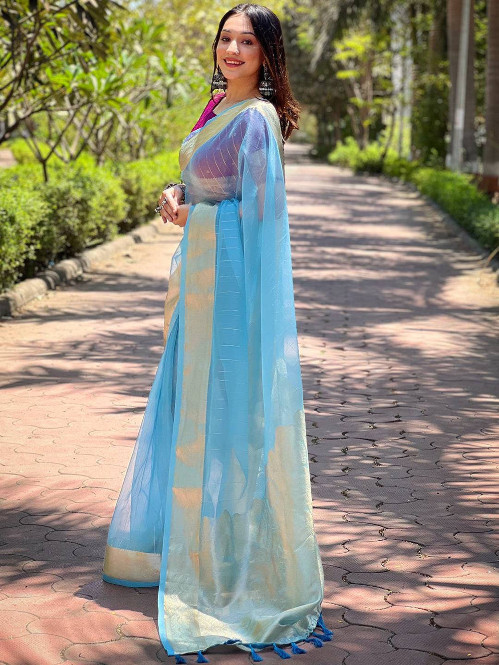 Blue Pure Viscose Organza Saree With Fine Gold Zari Weaving Border