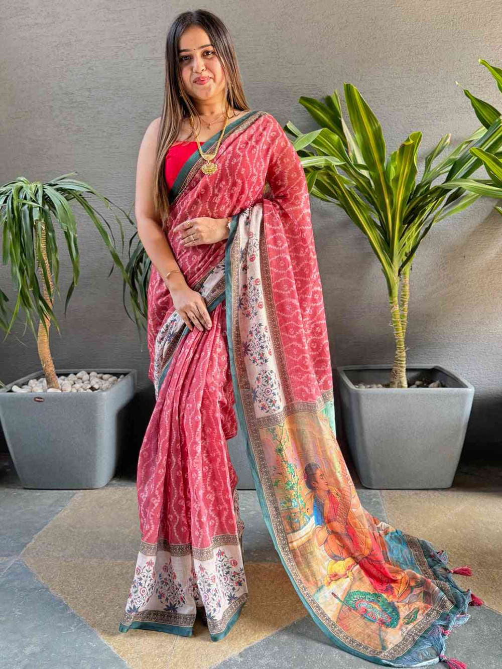 Gajari Colour Ikkat Print Saree With kalamkari Block Print Design