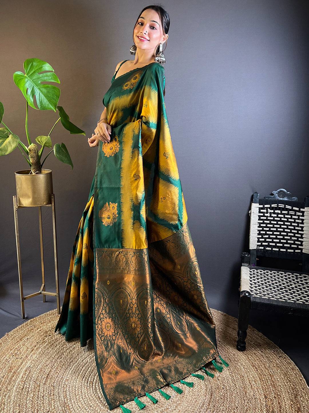 Mustard Tussar Silk Ikkat Weaving Saree