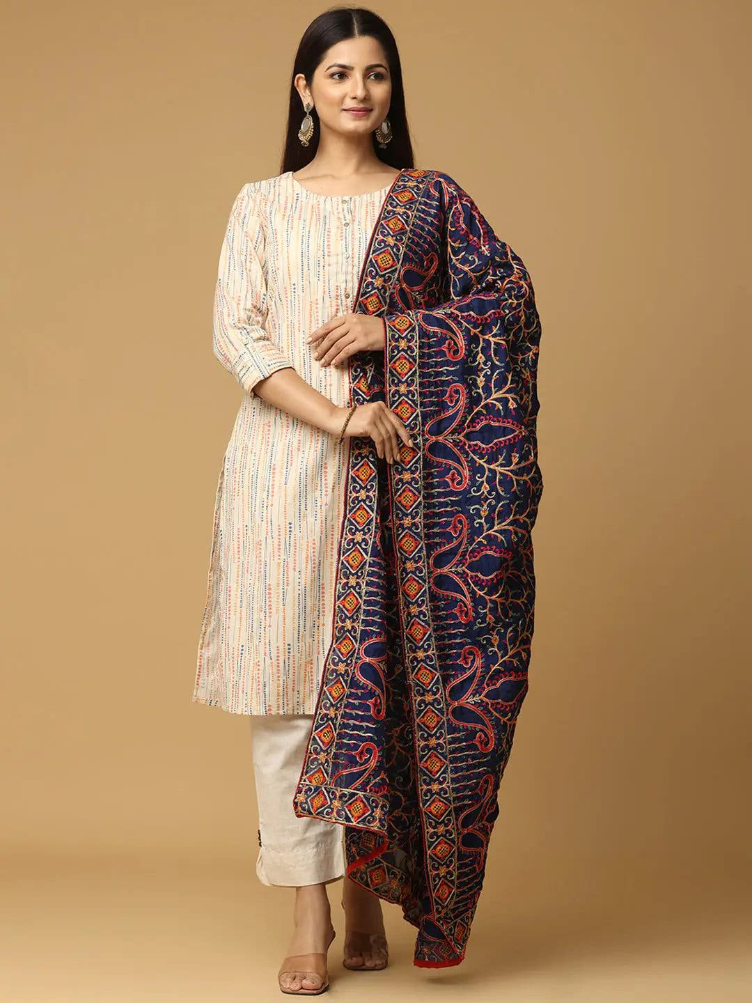 Navy Bright Multicolour Bloom Pashmina Dupatta
