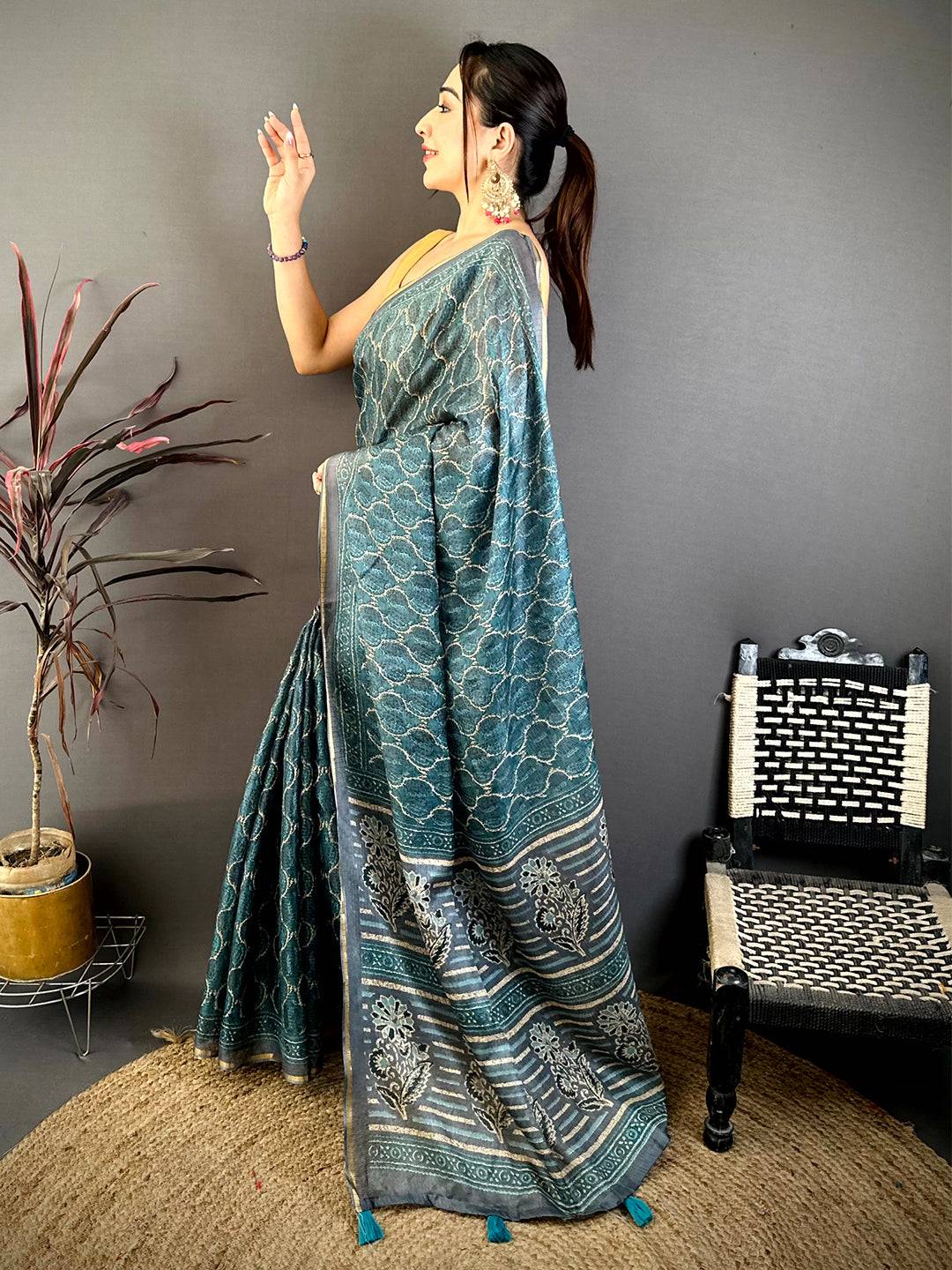 Teal Ajrakh Digital Print Kota Saree