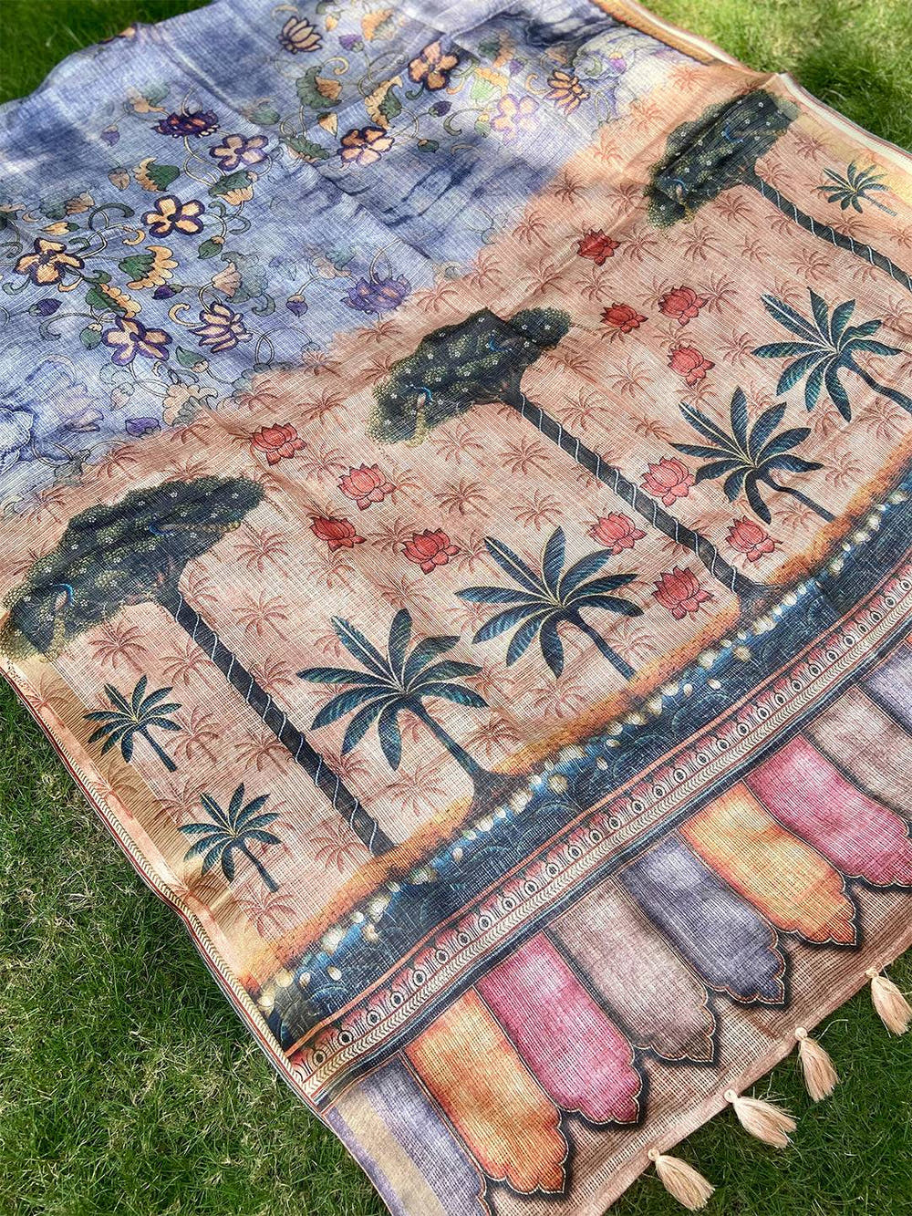 Blue Kota Doriya Silk Saree With Floral Print