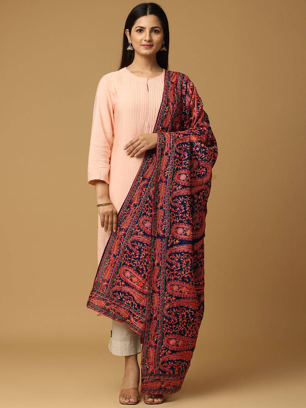 Navy Red Paisley Medallion Pashmina Dupatta