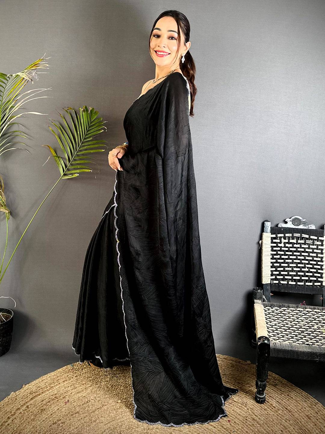 Black Stone Work Silk Crush Saree
