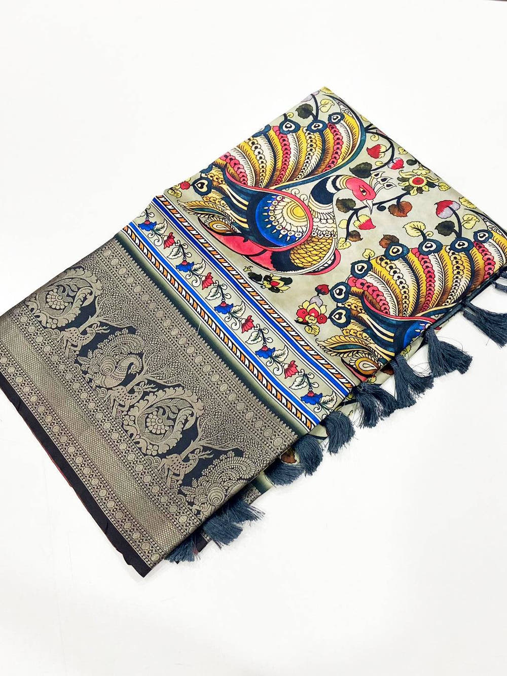 Grey Kalamkari Digital Print Pattu Saree