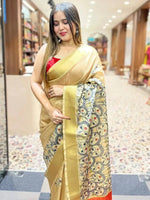 Incredible Pen Kalamkari Linen Tissue Soft Saree