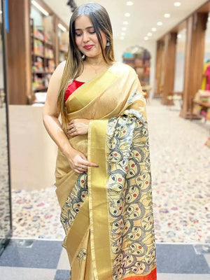 Incredible Pen Kalamkari Linen Tissue Soft Saree