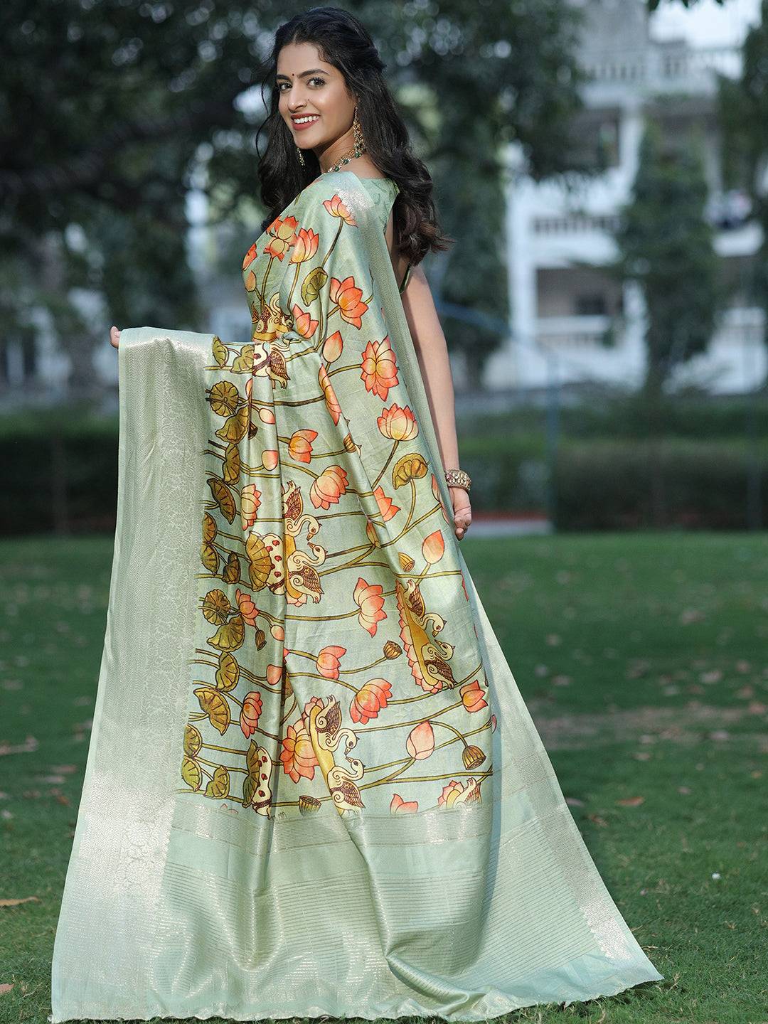 Pista Pure Viscose Dola Silk Saree With Pichwai And Mughal Print - Luxe