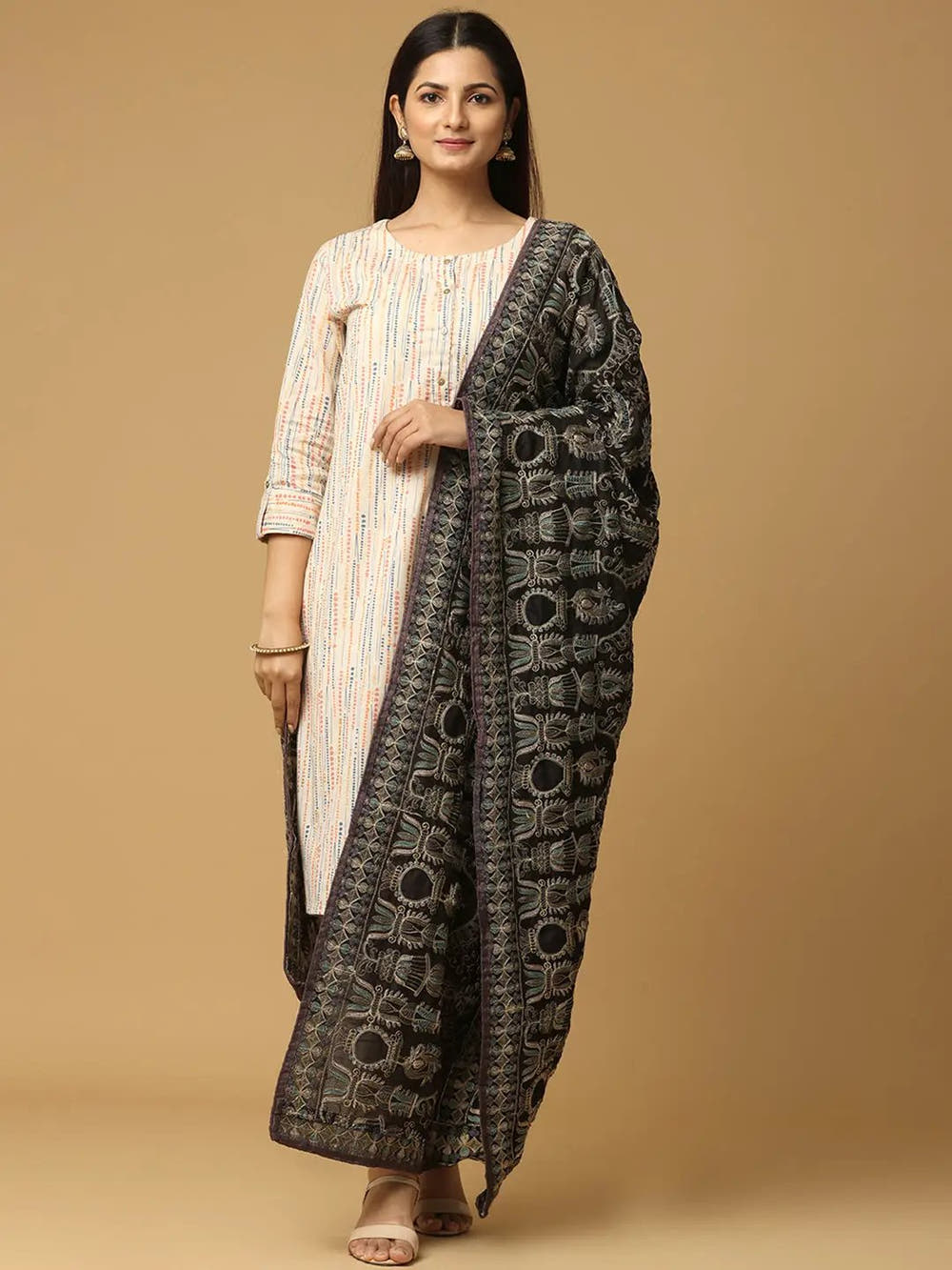 Black Silver Ornate Paisley Pashmina Dupatta