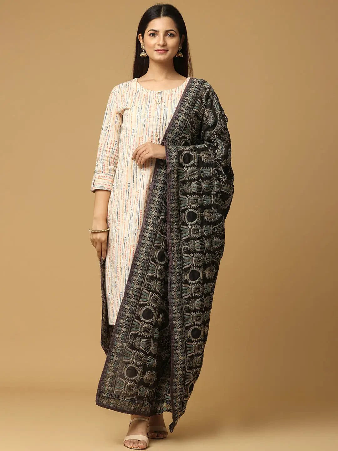 Black Silver Ornate Paisley Pashmina Dupatta