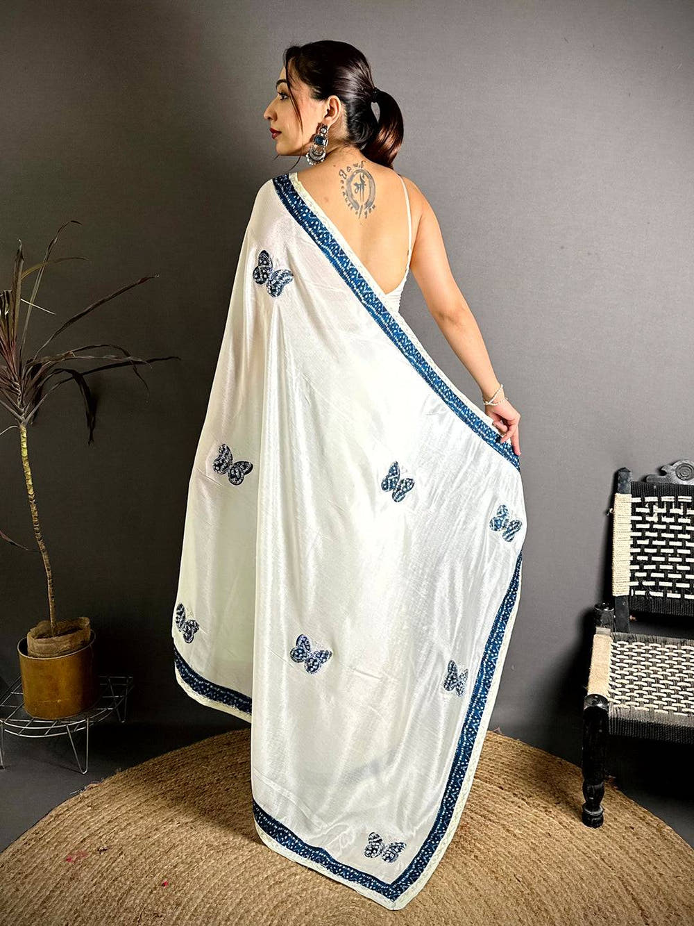 Navy Soft Chinnon Butterfly Butta Saree