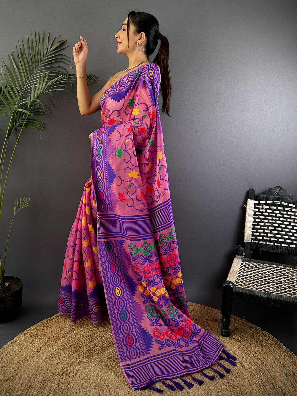 Fuchsia Pink Dhakai Jamdani Cotton Silk Saree