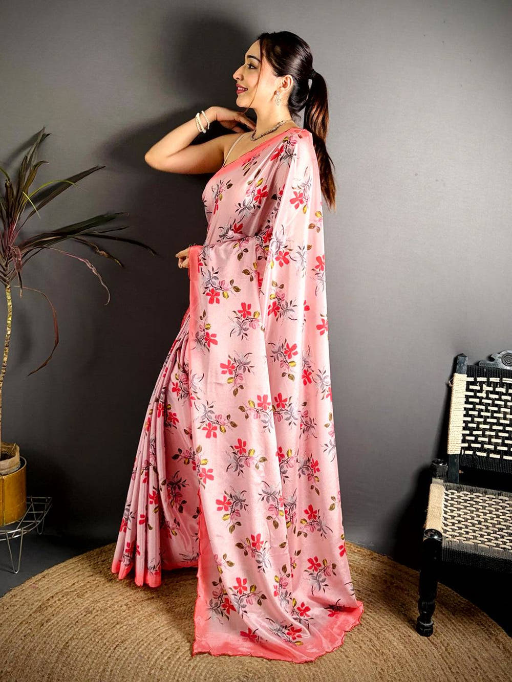 Pink Chinnon Embroidered Border Saree