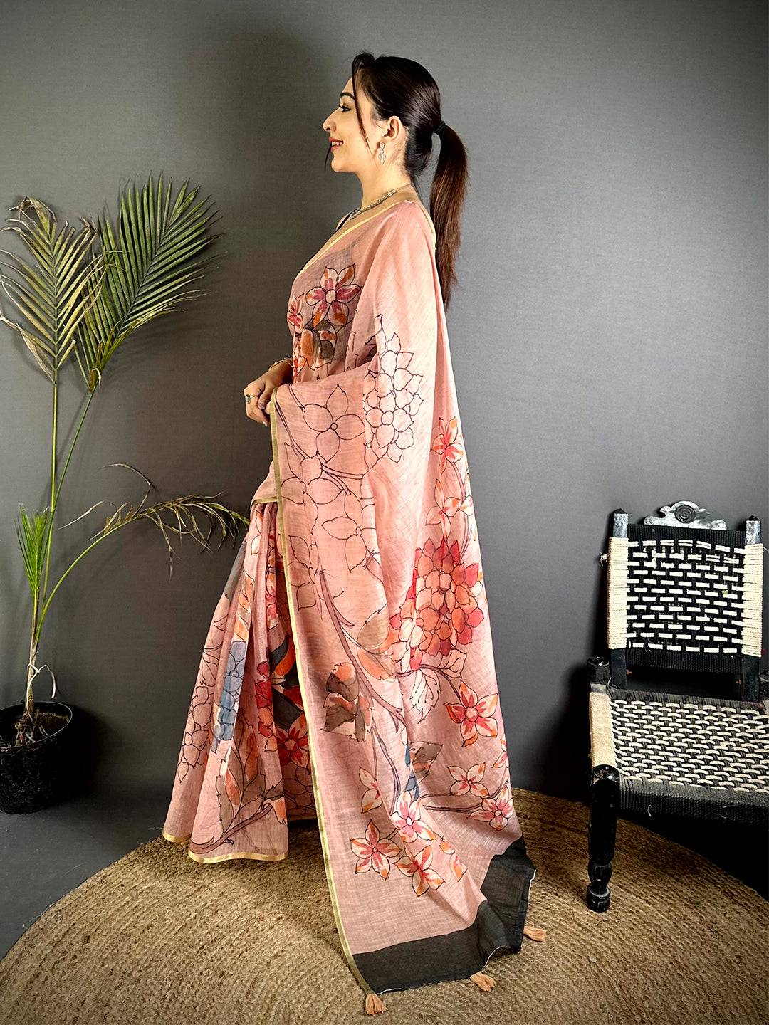 Classic Pink Floral Linen Saree