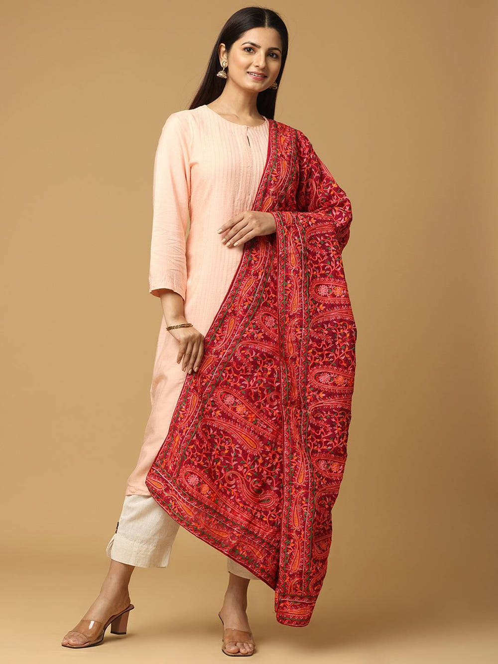 Wine Red Dense Floral Pashmina Dupatta