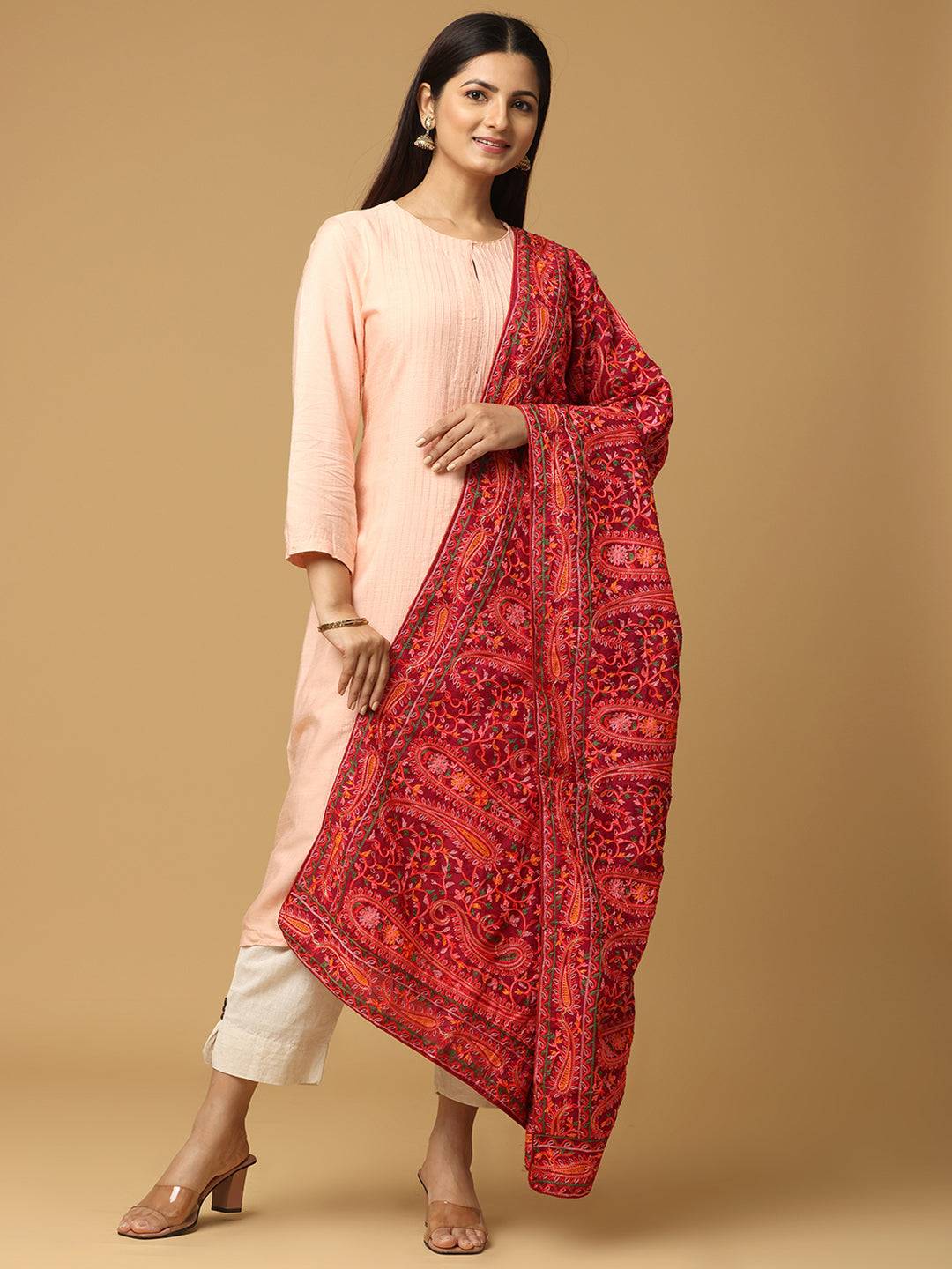 Wine Red Dense Floral Pashmina Dupatta