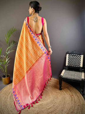 Kora Silk Banarasi Digital Print Saree In Orange Colour