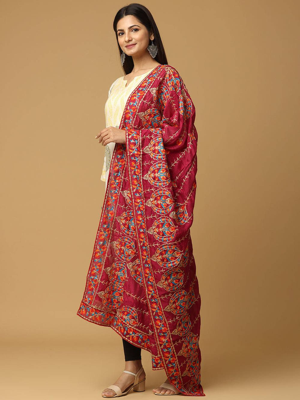 Wine Magenta Fine Work Pashmina Dupatta
