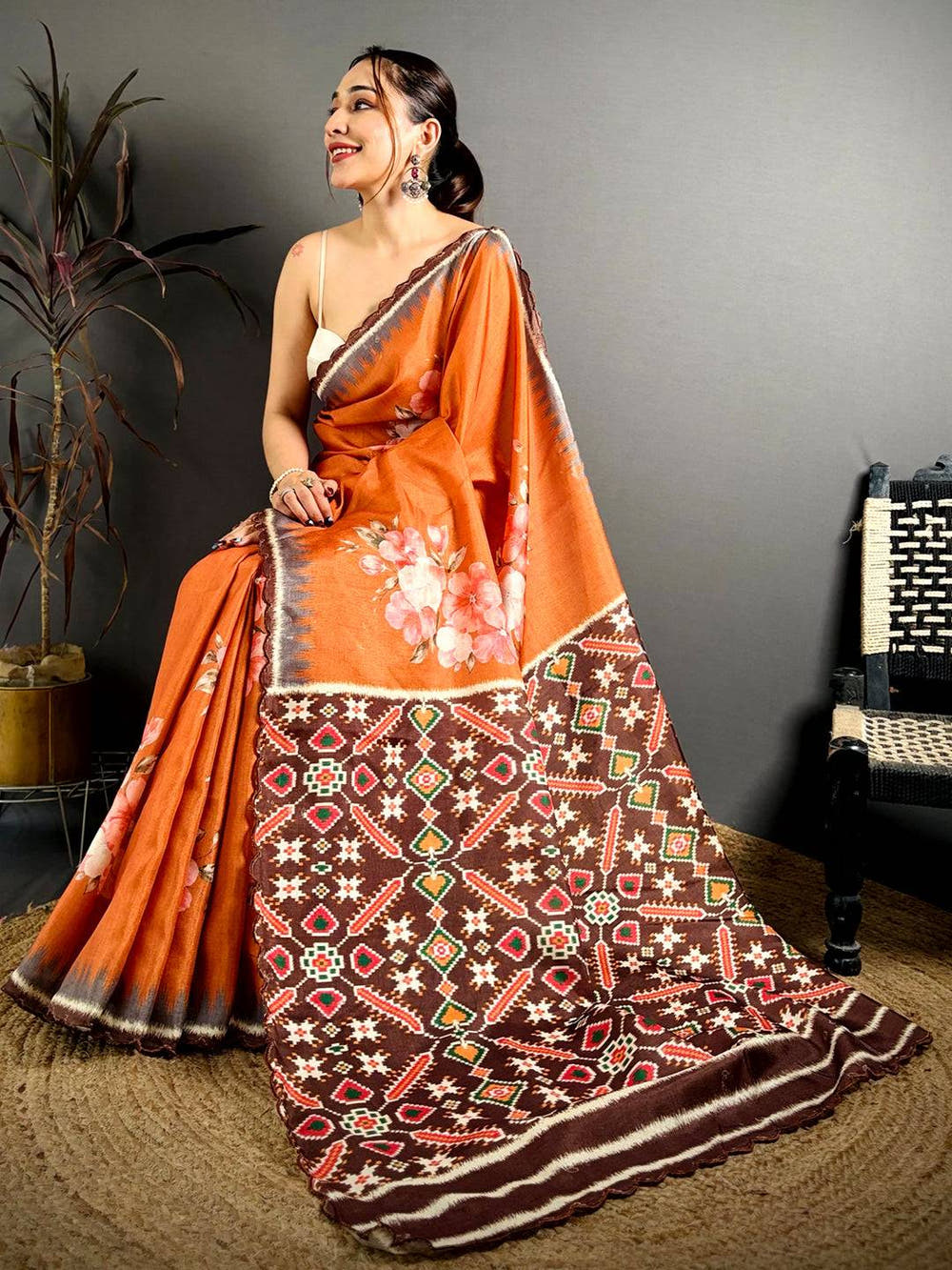 Rust Orange Tussar Ikkat Patola Saree