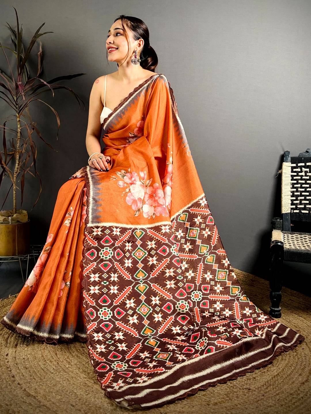 Rust Orange Tussar Ikkat Patola Saree