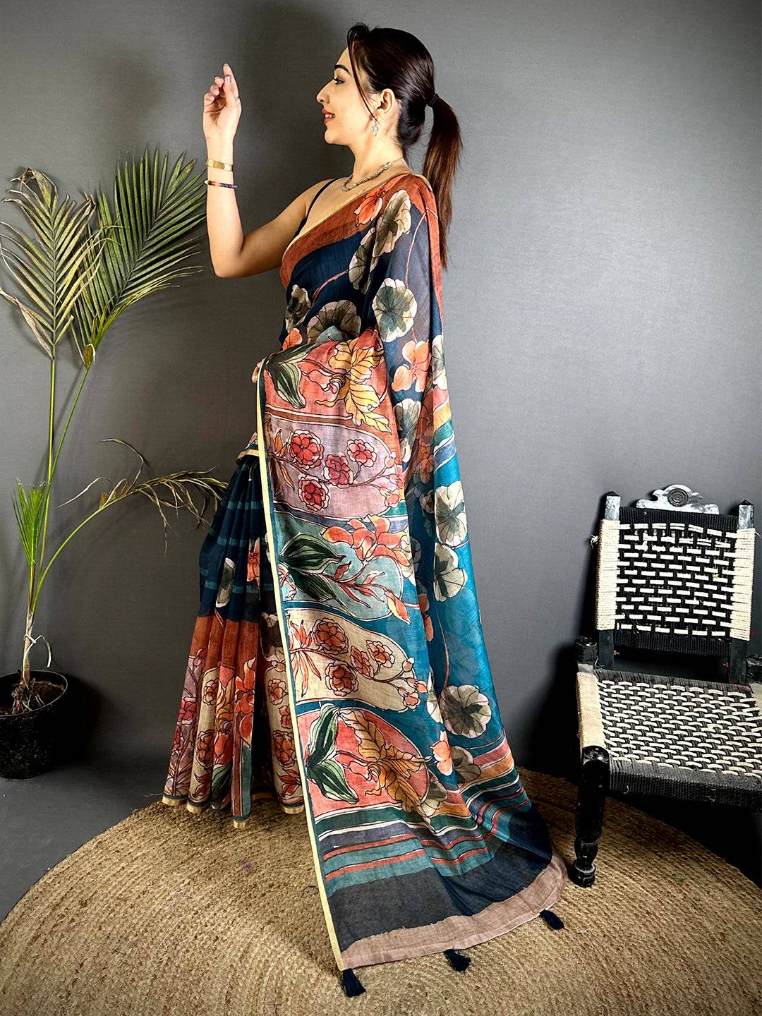 Royal Hand Block Floral Linen Saree
