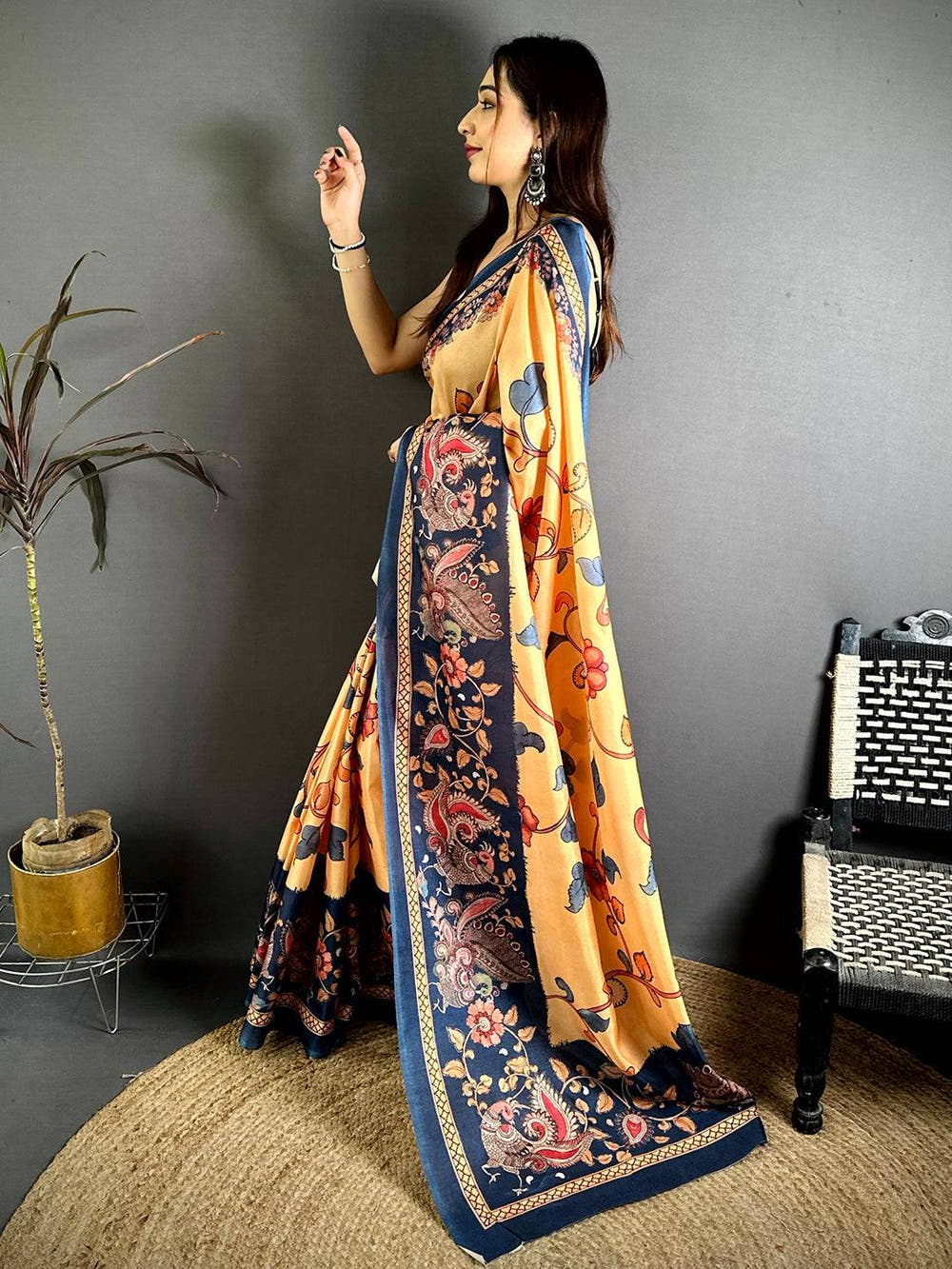 Mustard Orange Kalamkari Print Tussar Saree
