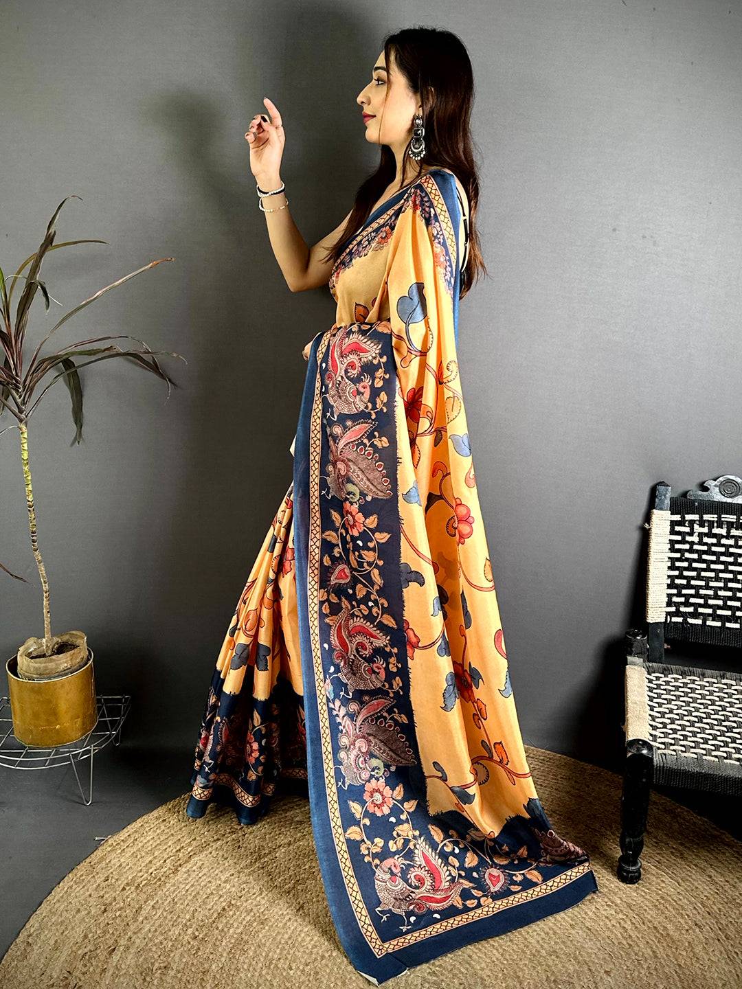Mustard Orange Kalamkari Print Tussar Saree