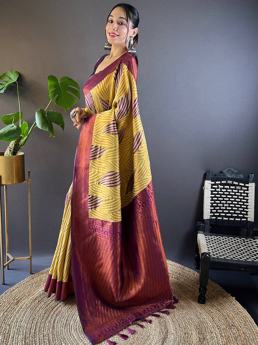 Olive Tussar Silk Zari Weaving Ikkat Saree