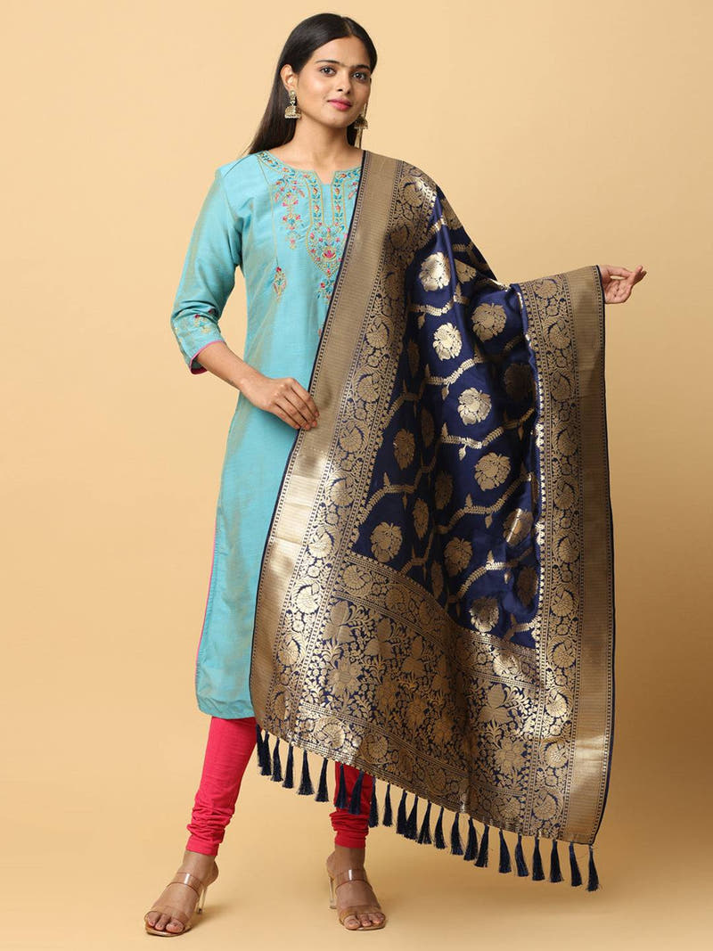 Dark Blue Silk Blend Woven Design Dupatta