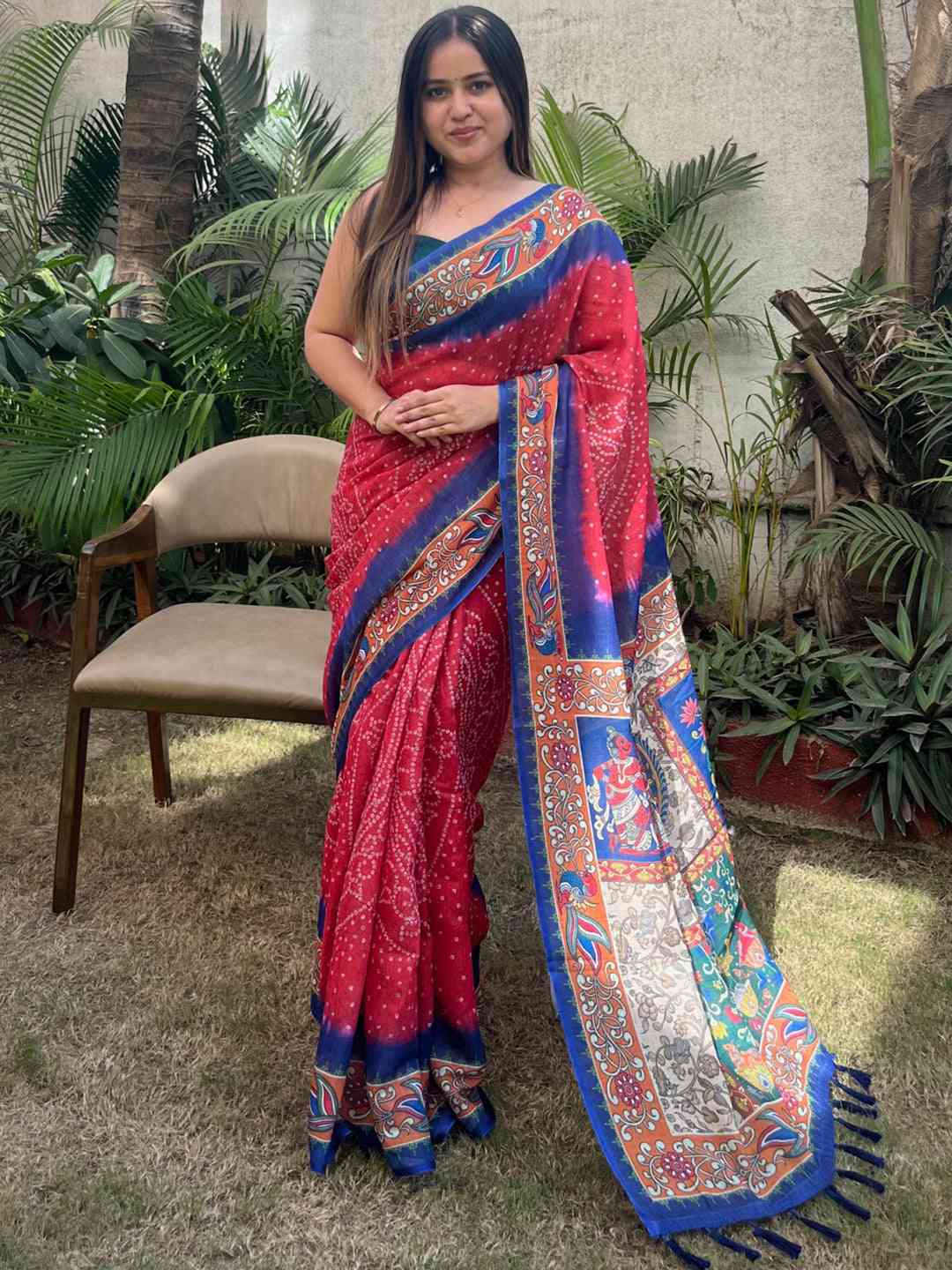 Red Colour Design Linen Saree with Bandhej and kalamkari Digital Print