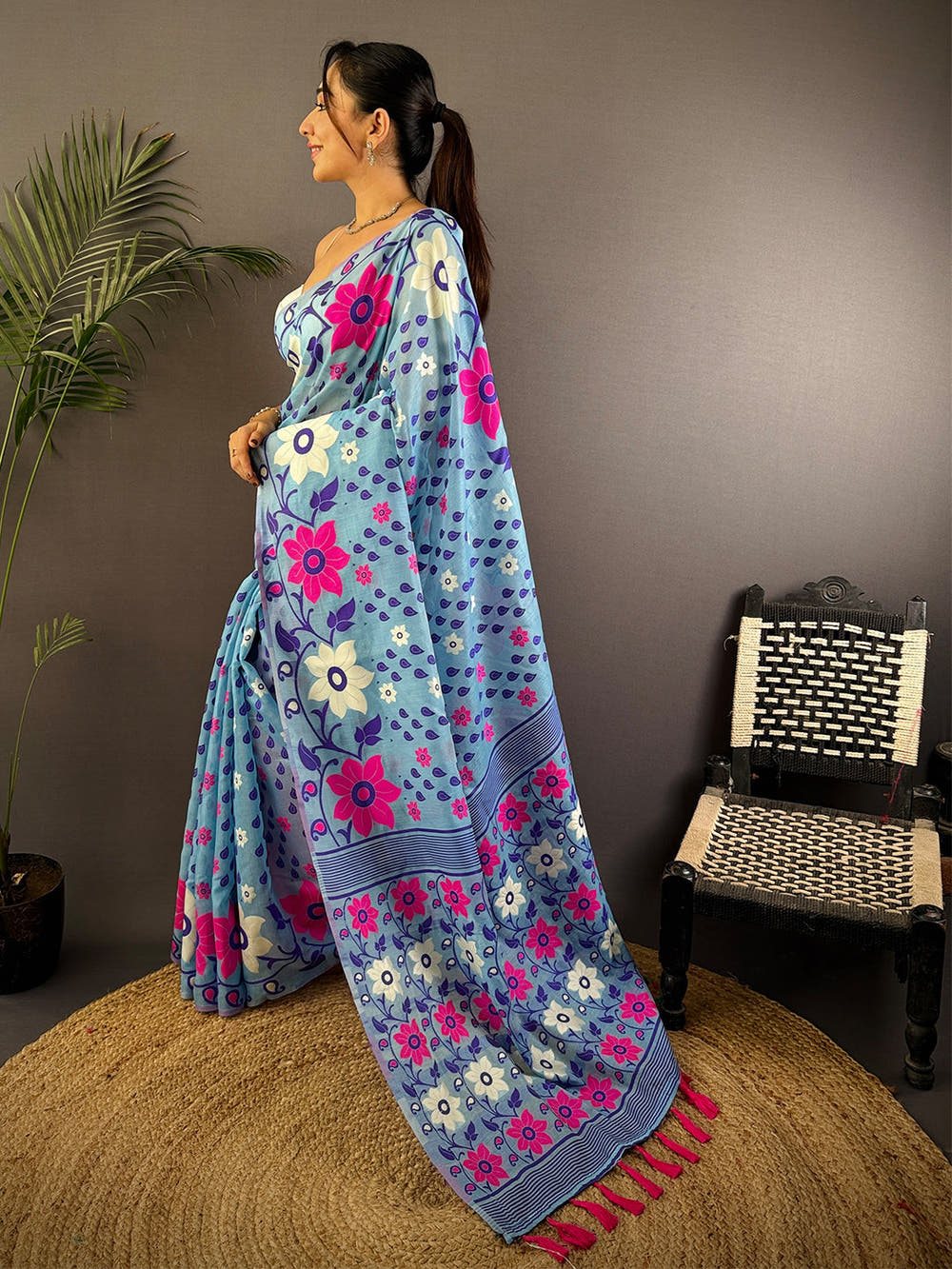 Radiant Sky Blue Dhakai Jamdani Cotton Silk Saree