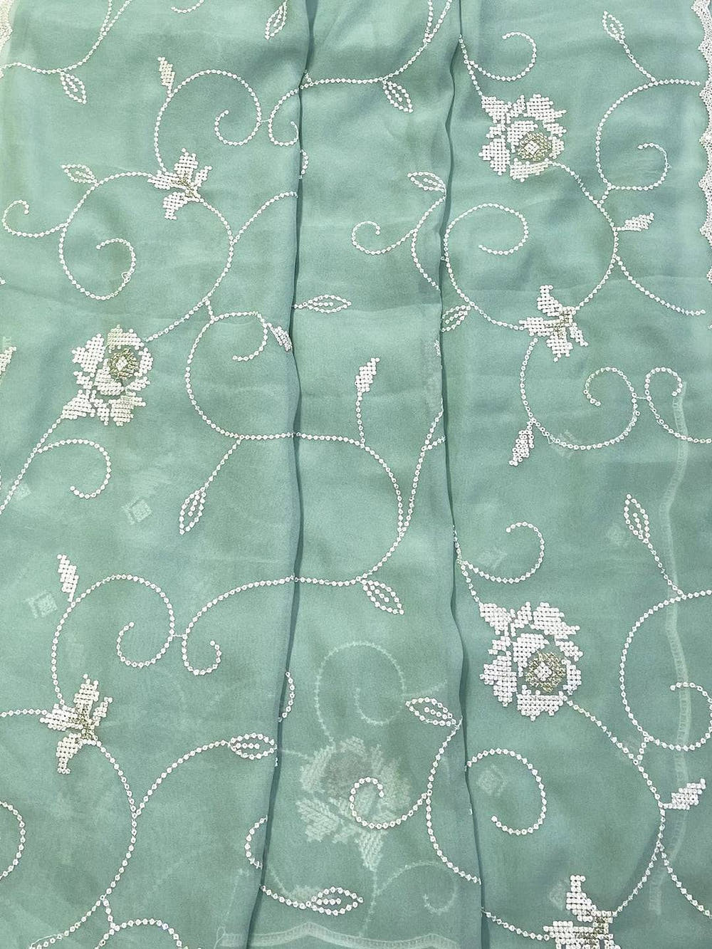 Pista Georgette Sequin Embroidery Saree