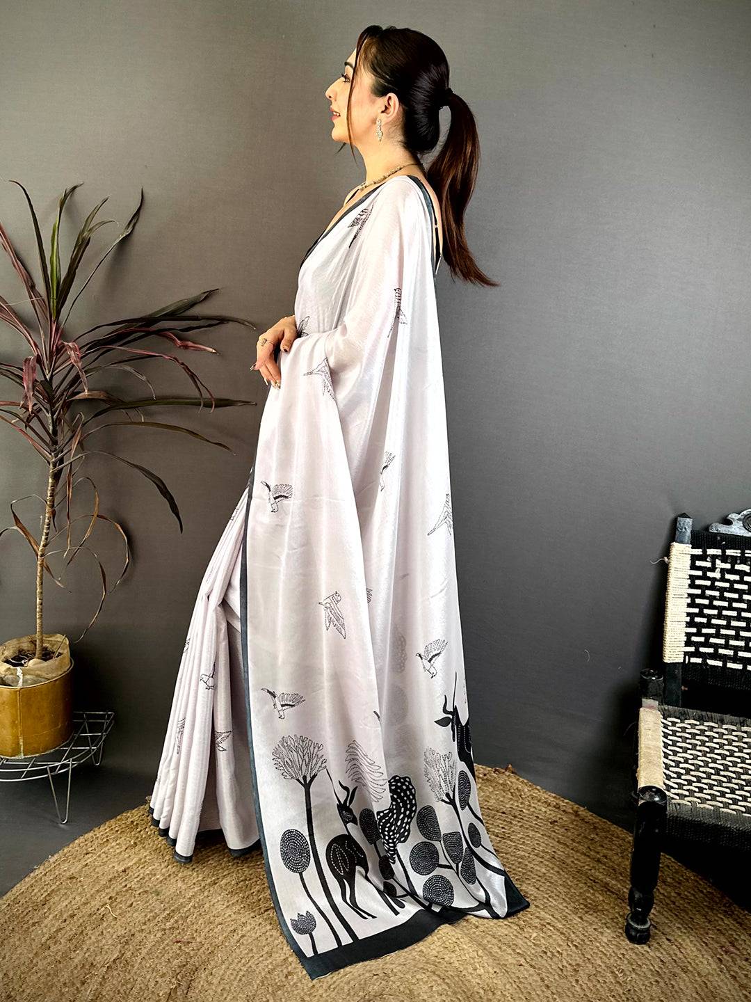 Elegant Bird Print Soft Chiffon Saree