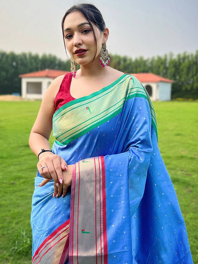 Sky Blue Paithani Ganga Jamuna Broder Saree