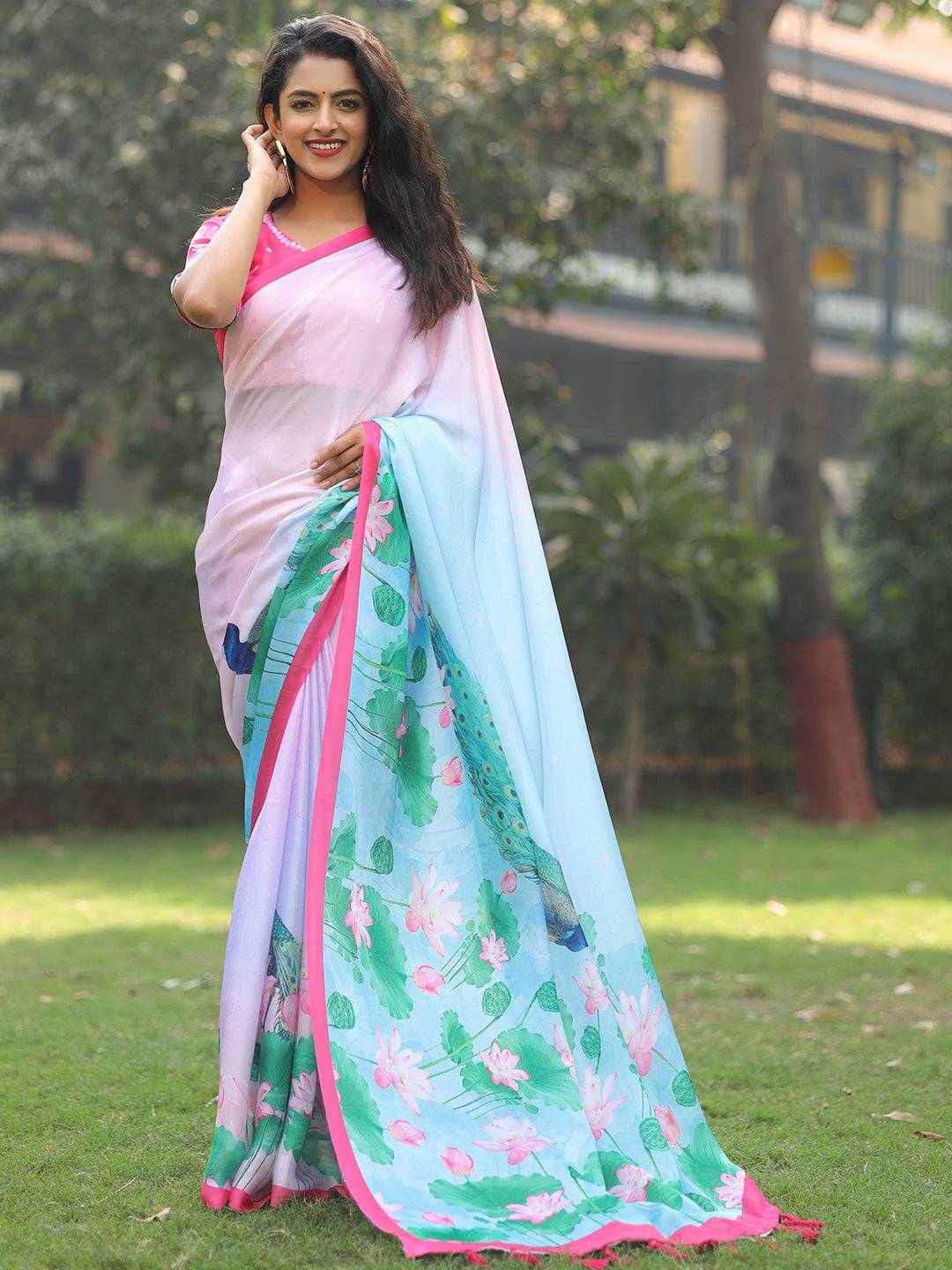 Satin Georgette Light Pink Colour Hand Print Saree - Luxe