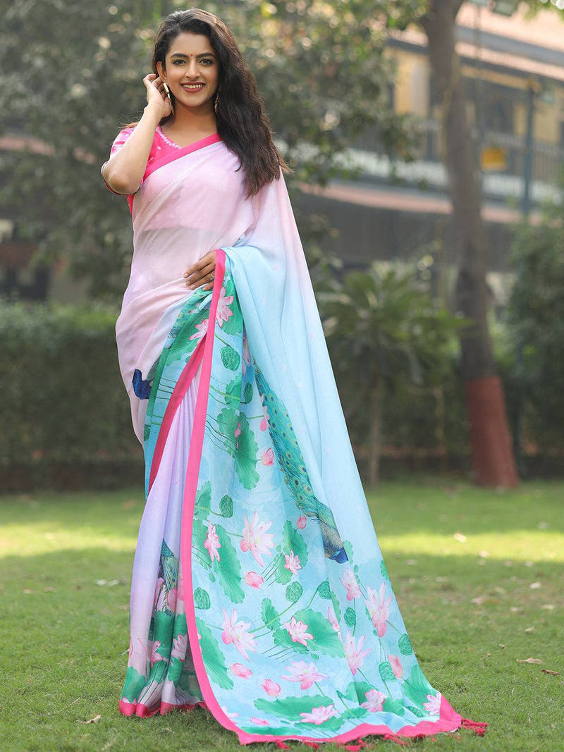 Satin Georgette Light Pink Colour Hand Print Saree - Luxe