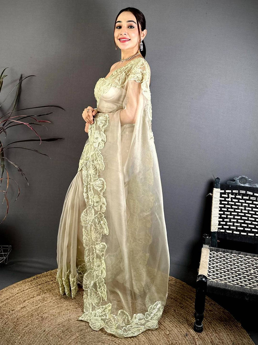 Vibrant Heavy Pearl Work Organza Saree
