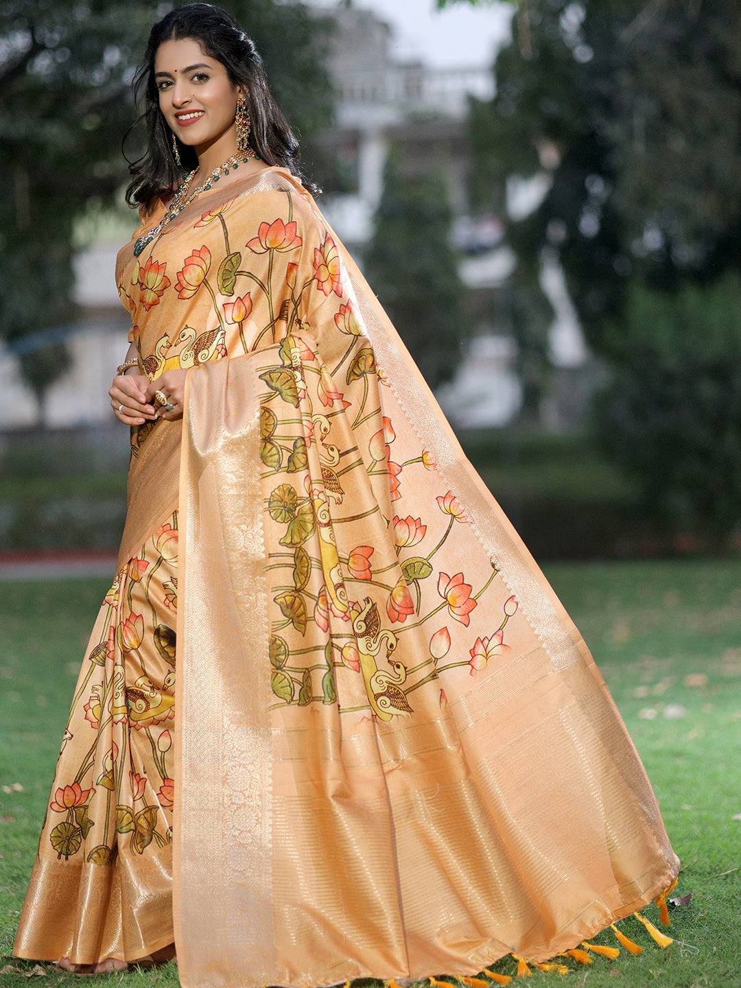 Peach Pure Viscose Dola Silk Saree With Pichwai And Mughal Print - Luxe