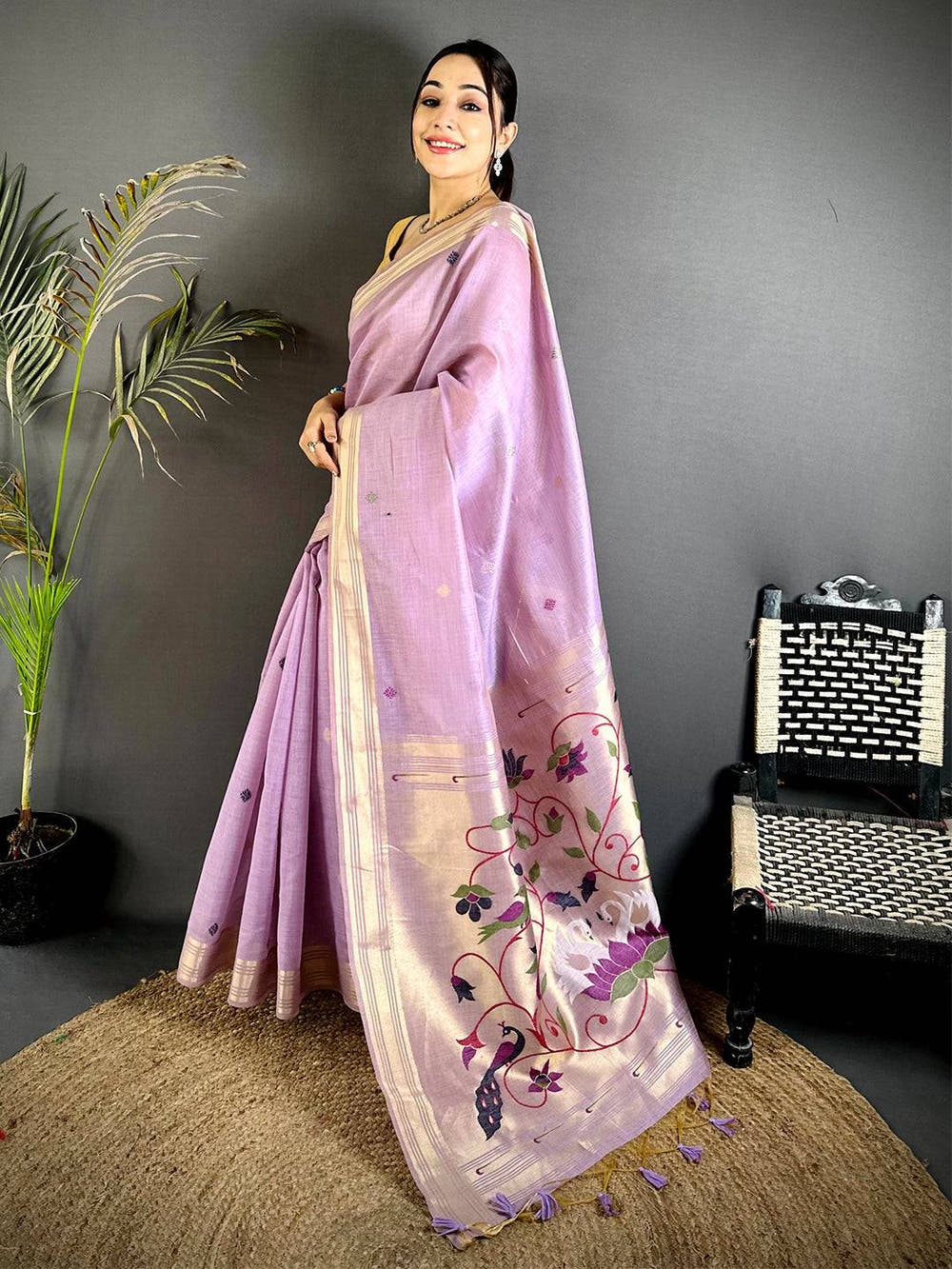 Lavender Swan Minakari Linen Saree
