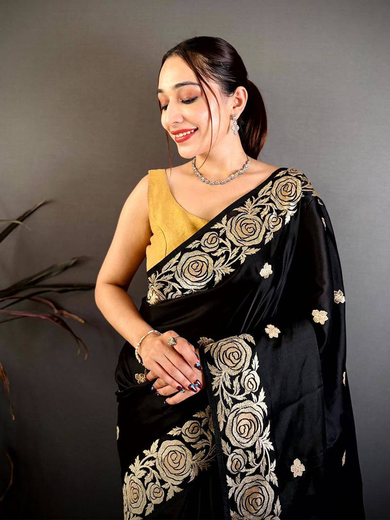 Black Aari Jhalar Tussar Satin Saree