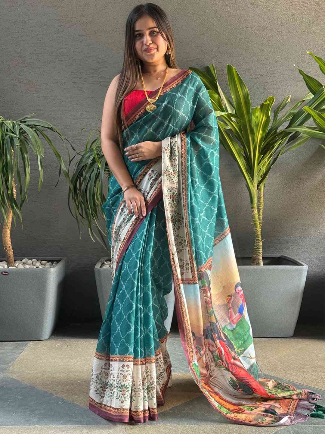 Teal Colour Ikkat Print Saree With kalamkari Block Print Design