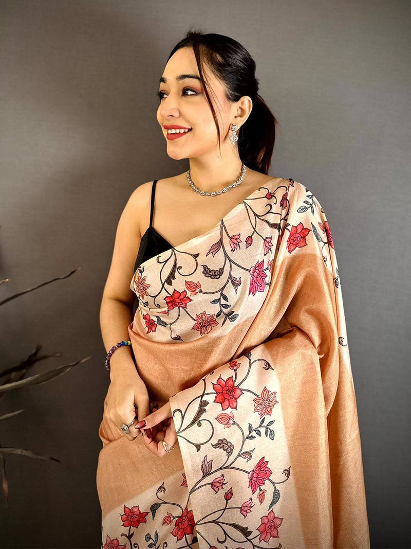 Artistic Floral Border Tussar Saree