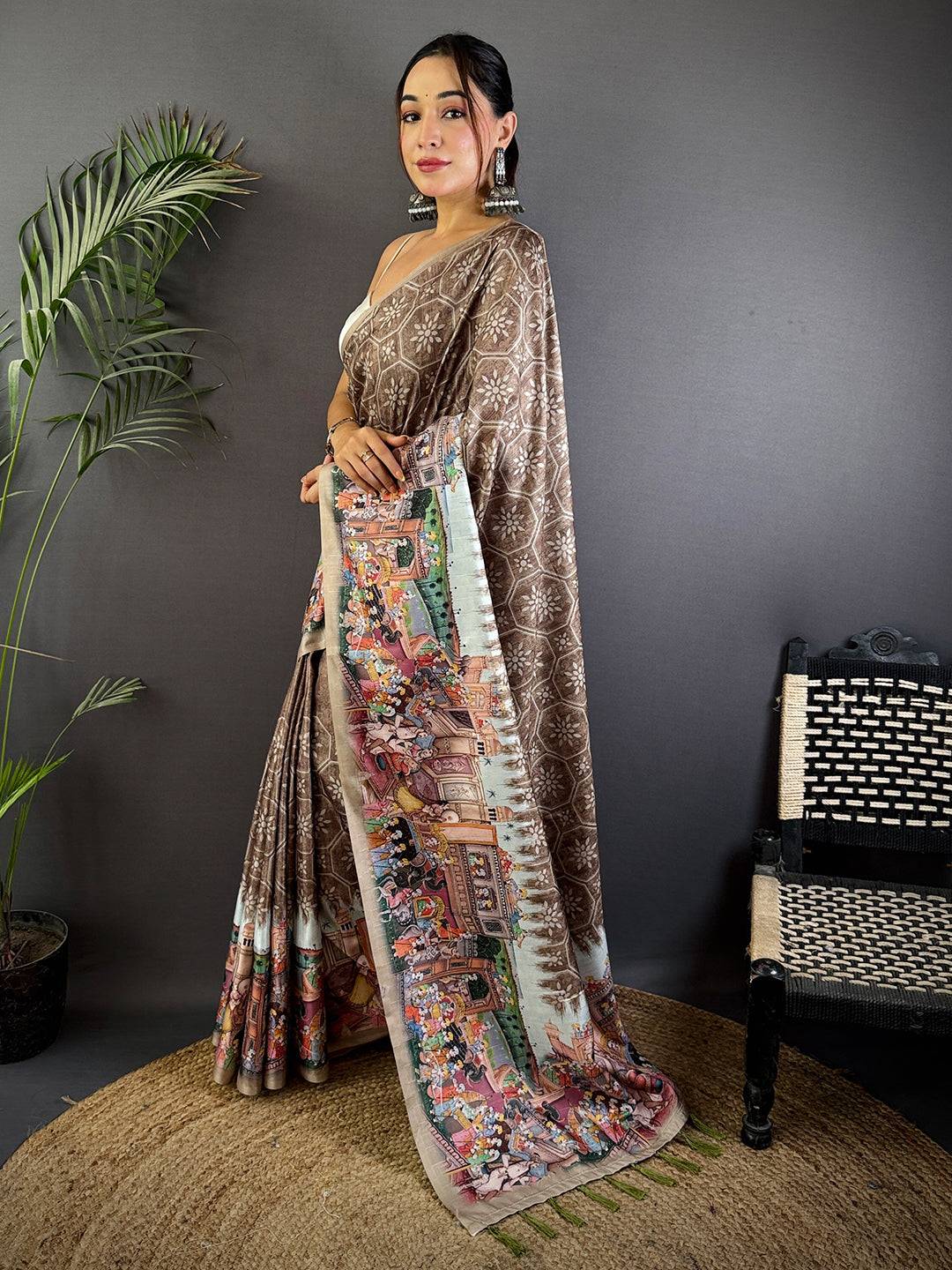 Taupe Kalamkari Digital Printed Saree
