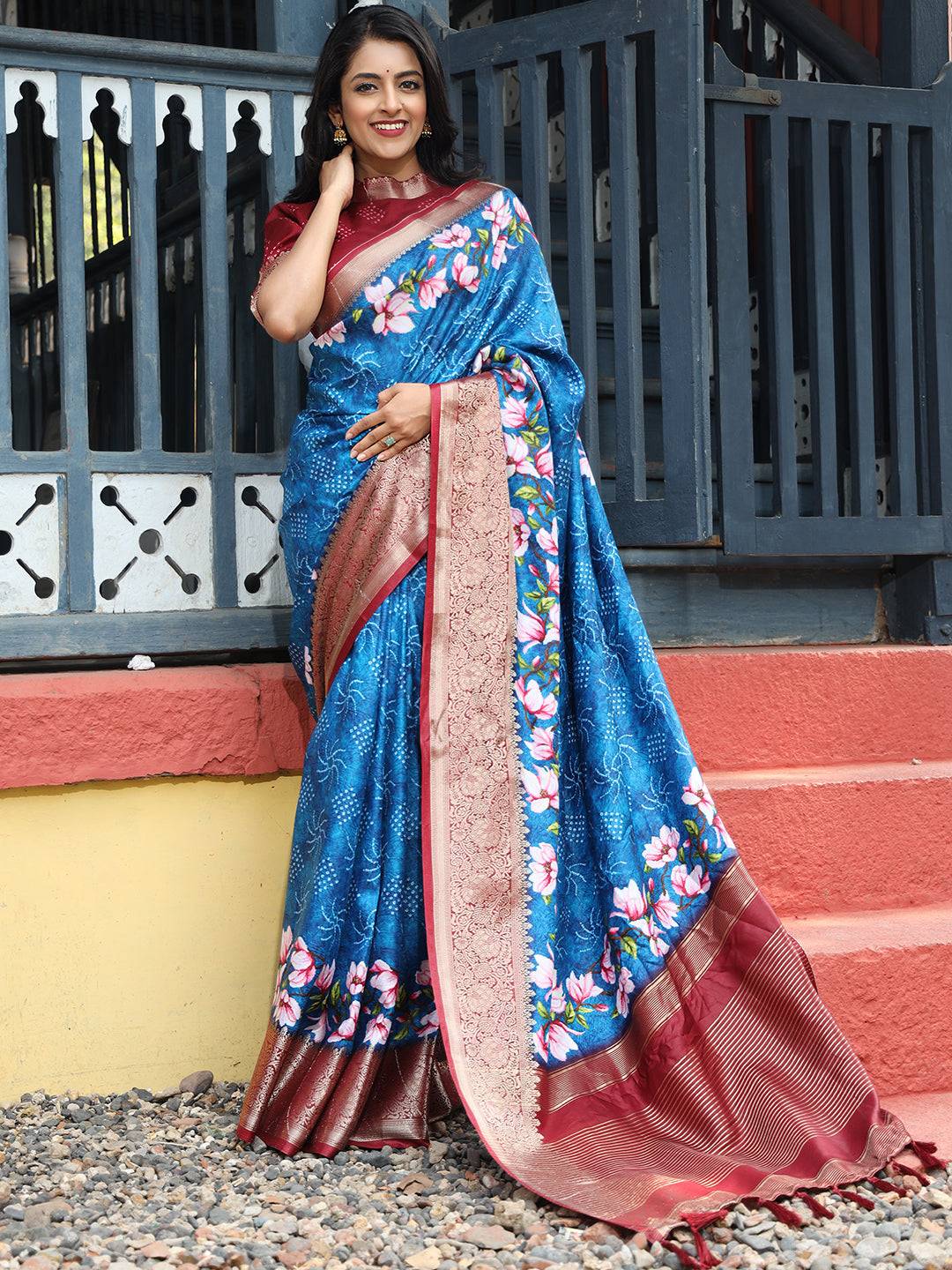 Royal Blue Pure Viscose Dola Silk Saree With Floral Print Border - Luxe