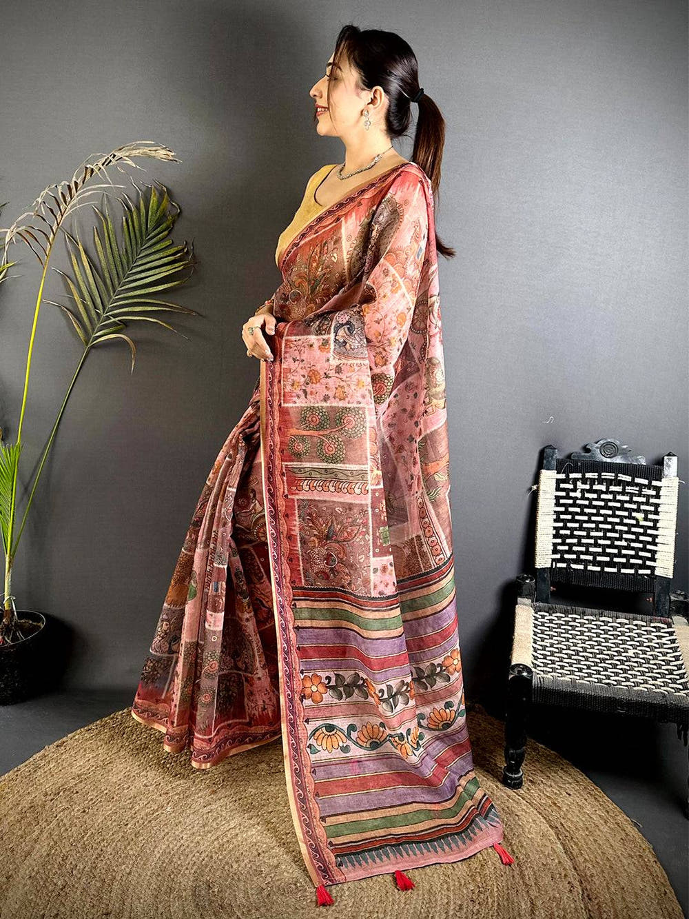 Radiant Minakari Kalamkari Linen Saree