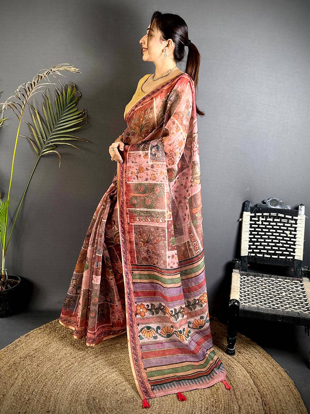 Radiant Minakari Kalamkari Linen Saree